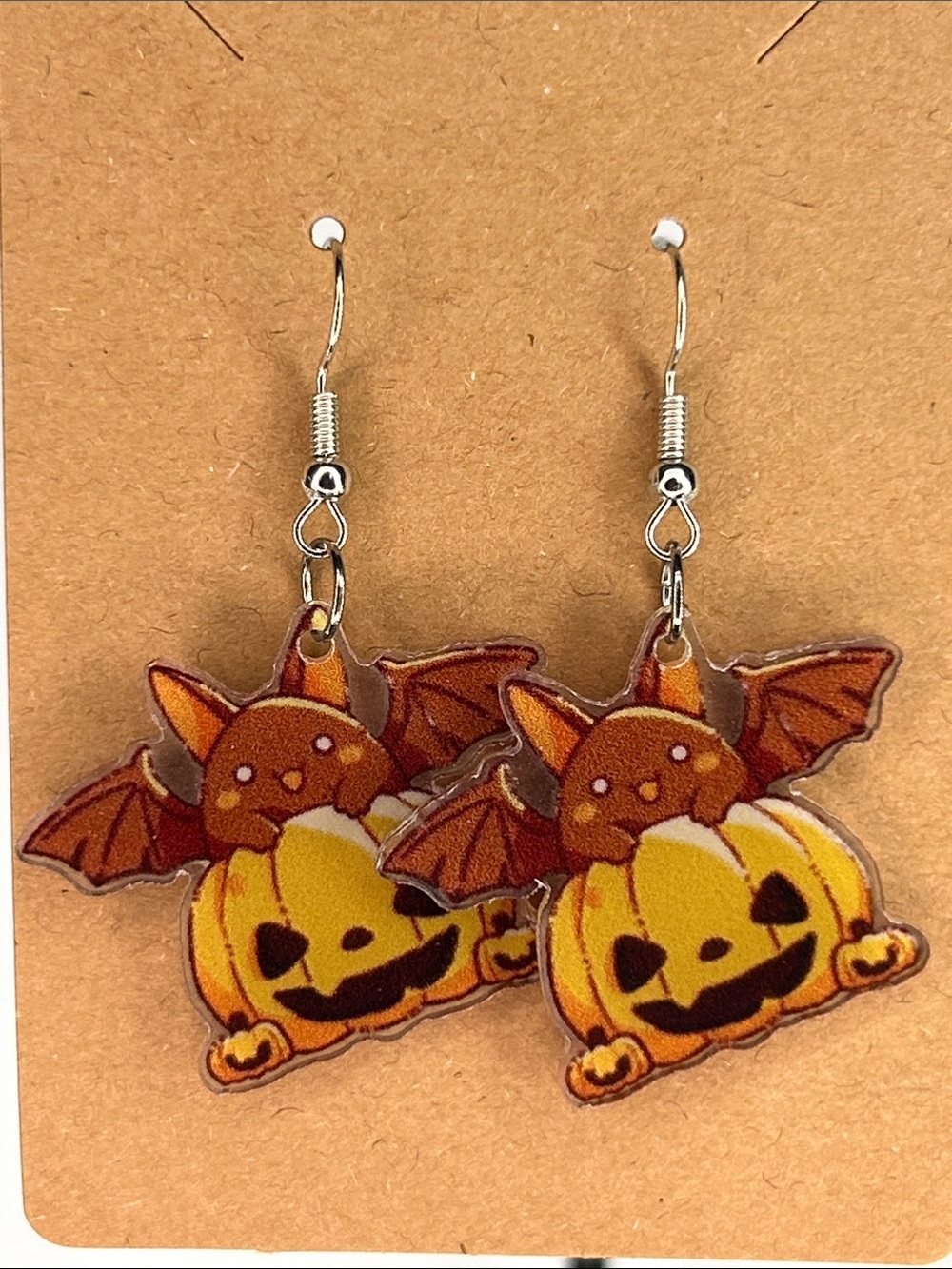 Brown Bat & Yellow Pumpkin Halloween Dangle Earrings Fashion Jewelry